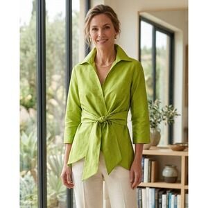3 Sisters Womens Silk Wrap Tie Front Blouse Lime Green Made in USA Small Vintage